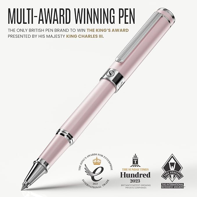 Scriveiner Blush Pink Rollerball Pen - Stunning Luxury Pen With Chrome Finish, Schmidt Ink Refill, Best Roller Ball Gift Set for Men & Women, Professional, Executive Office, Nice Pens