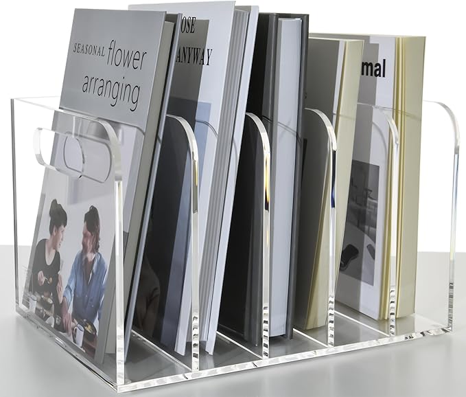 5 Vertical Compartments Clear Acrylic Desk Document Organizer & Storage Bins for Magazines, Binders, Notebooks, and Envelopes - Multipurpose Home Office Organizer - Innovative handle design