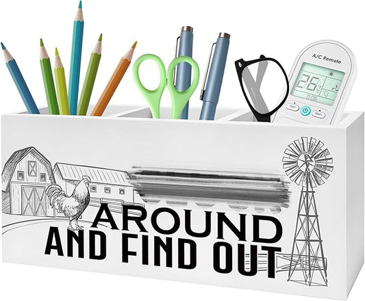 Funny Chicken Pencil Pen Holder for Desk, Chicken Lover Farmer Gifts, Farmhouse Rustic Rooster Hen Wooden Desk Sign, Farm Animal Decor Pencil Organizer for Home Office Accessories