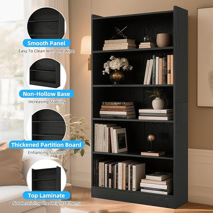 72" Rectangle Wooden Bookshelf with 6 Tier Bookshelf, Large Bookcase for Home Offices and Living Rooms with Storage Shelves, Display Shelves, Black