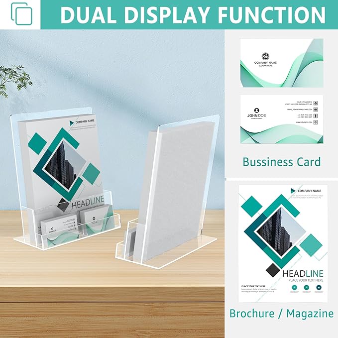 2 Pack Acrylic Brochure Holder 8.5 x 11 Inch with Business Card Holder, Clear Acrylic Brochure Holders Plastic Flyer Display Stand for Magazine, Pamphlet, Booklets, Menu, Journals, Literature