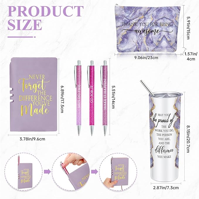Domensi 6 Pcs Employee Appreciation Gift Set for Women Female Thank You Gift May You Be Proud 20 oz Rustic Marble Sign Tumbler Makeup Bag Journal for Teacher Nurse Lady Work Business(Purple)