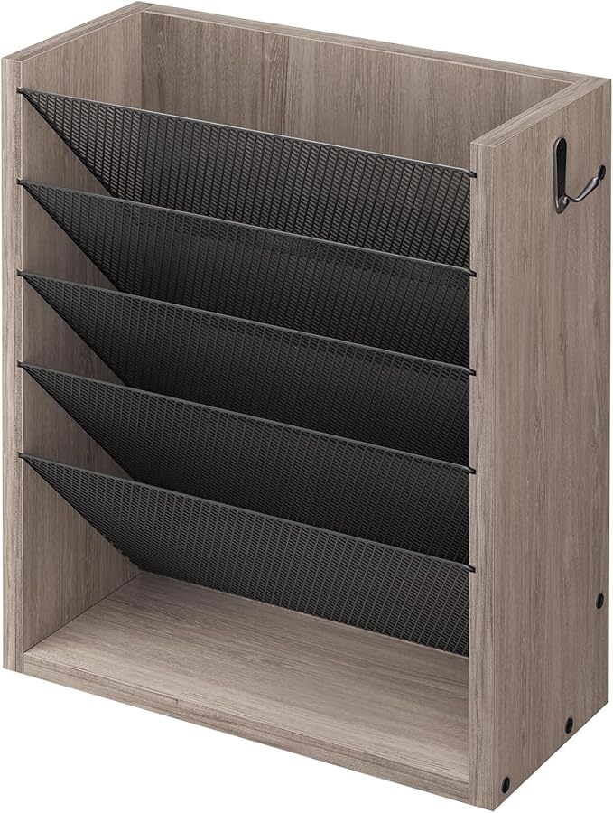 Hanging Wall File Organizer, 6 Tier Wood Wall File Holder with 2 Hooks, Mail Organizer Wall Mounted with Bottom Flat Tray, Vertical Paper Desk Storage for Office, Home, Greige