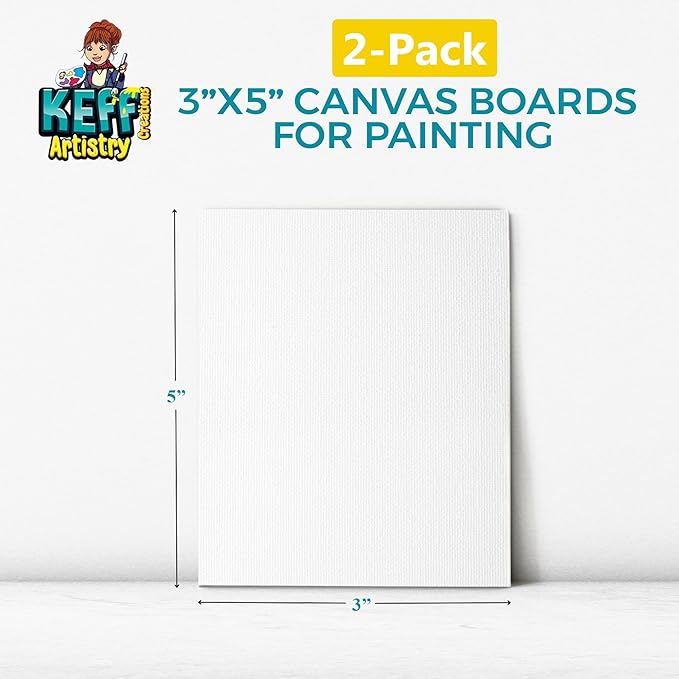 KEFF Canvas Boards for Painting - 3x5 2-Pack Bulk Canvas Pack, 100% Cotton Triple Primed Small Canvases for Painting Supplies, Acrylic, Oil, Watercolor & Tempera