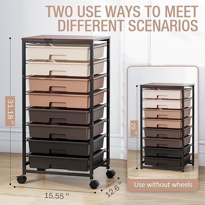 TOOLF Rolling Carts with Wheels, 8-Drawer Utility Cart, Wooden Tabletop Storage Cart for Office, Arts & Crafts, Classroom, Bedroom, Brown