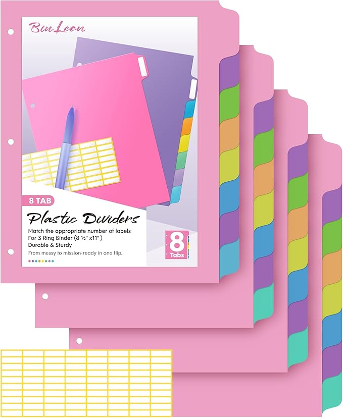 [32Pcs/4Set- 8 Tab] Binder Dividers with Tabs, Plastic Dividers for 3 Ring Binder, Letter Size Binder Tabs for Organizing School Office Home Files, Write&Erase Notebook/Page Dividers