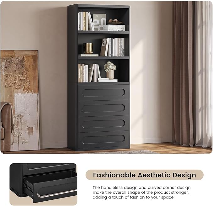 Bookcase with 4 Drawers, 72.1" Tall Bookshelf with 3 Storage Shelves, Large Bookshelves Cabinet for Living Room, Bedroom, Home Office (Black)