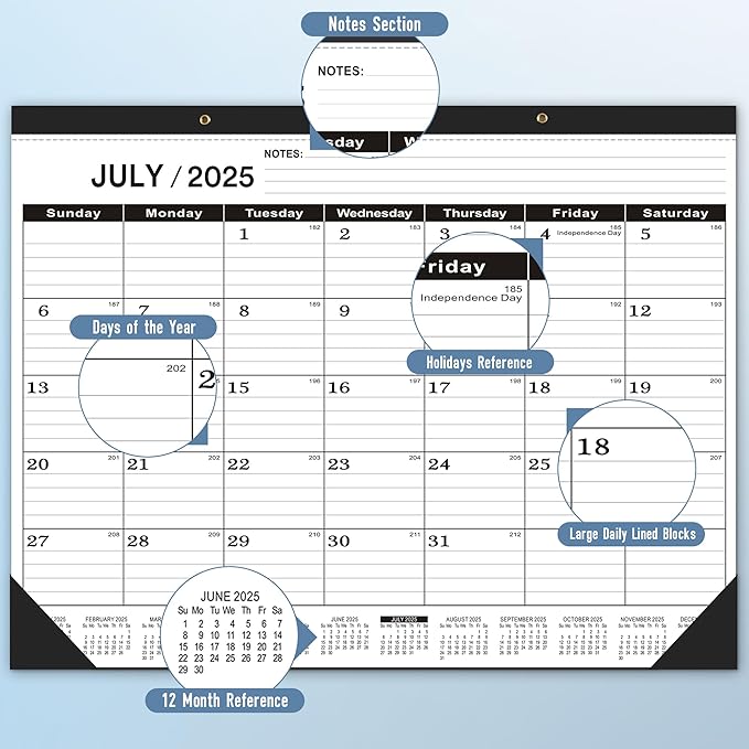 Desk Calendar 2025-2026,July 2025 to December 2026,Desk calendar 2025-2026 Large 22x17, Classroom Calendar 2026 with PVC Cover,Round Holes& NOTES List (Black),18 Months Calender 2026