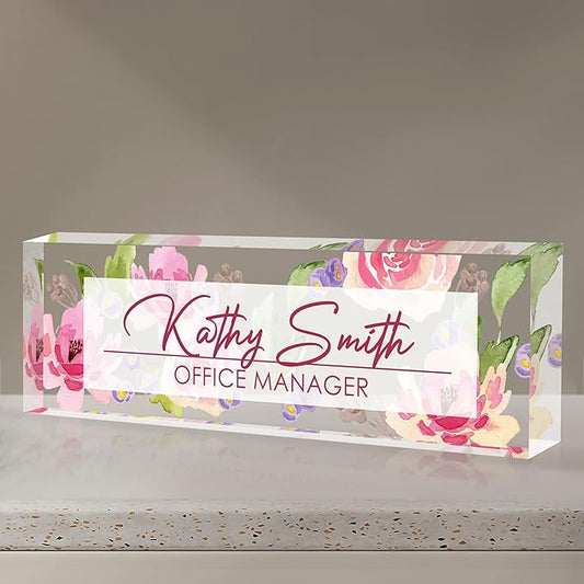Personalized Name Plate for Desk, Custom Desk Name Plate, Acrylic Name Plate Office Desk Accessories, Personalized Office Gifts for Coworkers Teachers, Employee Appreciation Gifts (A-Watercolor)