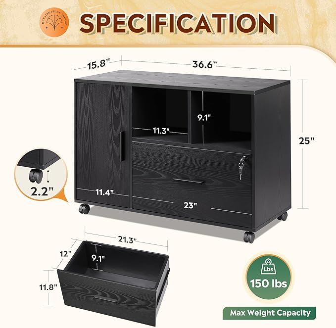 DEVAISE Office File Cabinet with Lock, 1-Drawer Wood Lateral Filing Cabinet on Wheels, Printer Stand with Open Storage Shelves for Home Office, Black