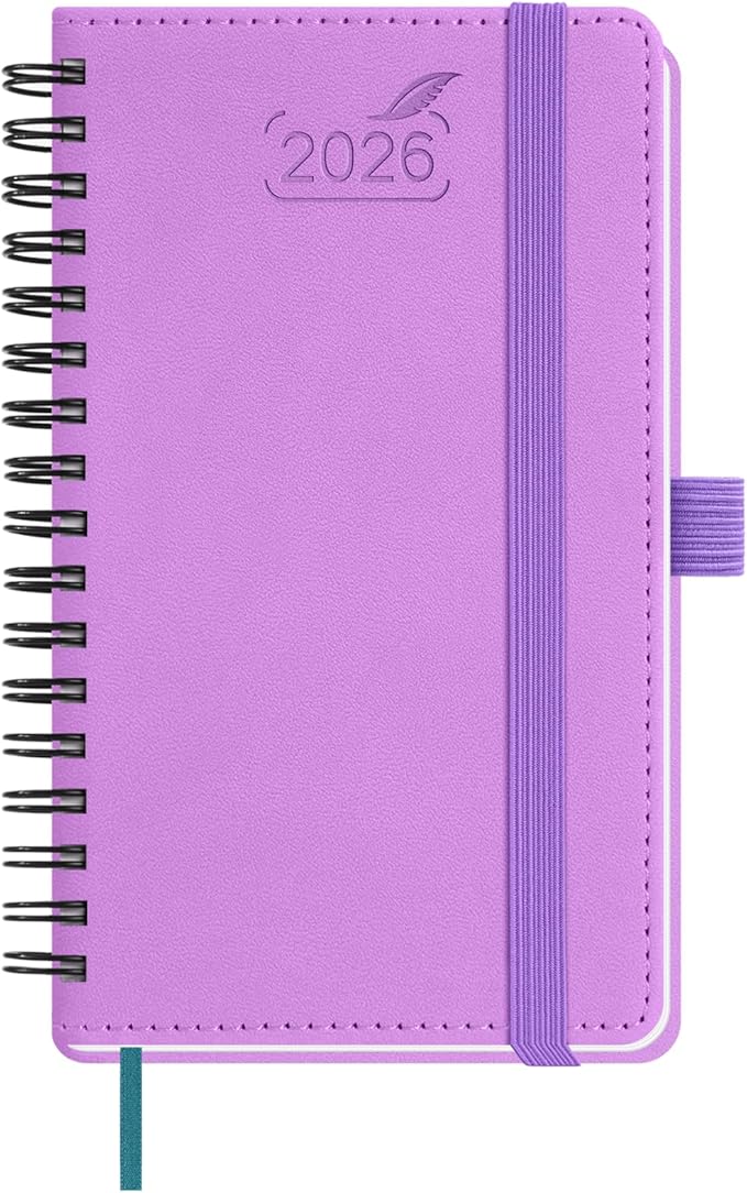 BEZEND Pocket Calendar 2026 Weekly and Monthly (3.5" x 6" Spiral) Small Daily Planner for Purse (Jan-Dec) with Notes & Expenses, Inner Pocket, Pen Holder, Vegan Leather Softcover - Lavender