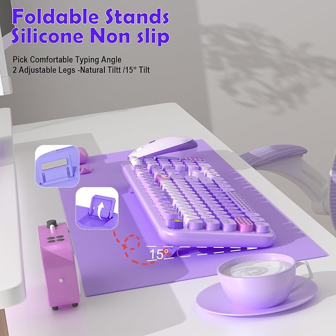 MOFII Keyboard and Mouse Wireless, 104 Round Keys Lovely Full-Size Cute Colorful Keyboard and Mouse with Retro Typewriter for PC/Mac/Laptop/Tablet/Computer/Windows Purple