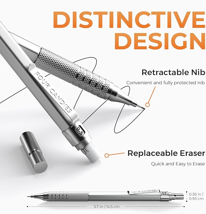 Four Candies Metal Mechanical Pencil Set, 3PCS Art Drafting Pencils 0.5, 0.7, 0.9MM & 2PCS 2MM Mechanical Drawing Pencils with 420PCS Leads (4B 2B HB 2H Color) for Writing Sketching Drawing (Silver)