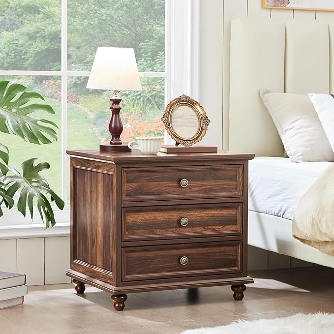 24" Wide Farmhouse Night Stand Set of 2,Large End Table with 3 Drawers & Metal Handle,Brown Wood Dresser for Bedroom Cabinet, Bed Side Table Chest of Drawers,Nightstand for Living Room,Closet