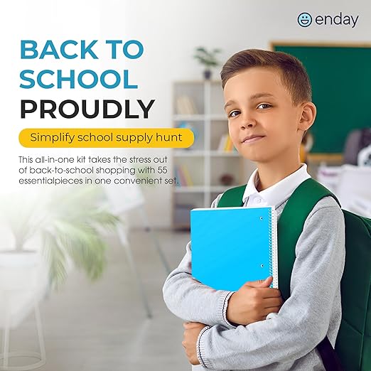 Enday Middle School Supplies Kit - 6th, 7th, and 8th Grade Back to School Supplies - 55 Piece, Premium Quality Kids School Supplies for Girls & Boys, Grades 6-8 Middle School Supplies for Kids