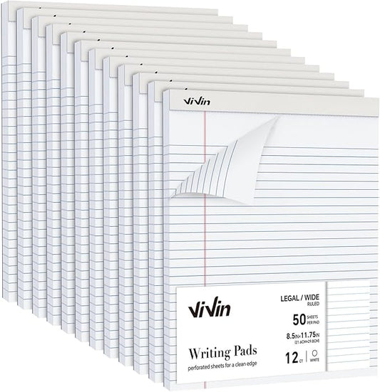 ViVin Legal Pads 8.5 x 11 Inch, Wide Ruled Note Pads, 12 Pack, 50 Sheet/Pad, Perforated Writing Pads, Notepads for Office Home School, 600 Sheets, White Paper
