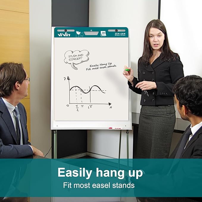 ViVin Super Sticky Easel Pad, 25 x 30 Inches Flip Chart Paper for Teachers, Large Self Stick Easel Paper, Teacher Anchor Chart, 30 Sheets/Pad, 4 Pads/Pack