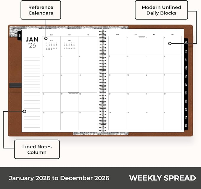 Blue Sky ASMBLD 2026 Weekly and Monthly Planner Calendar, January 2026 - December 2026, 8.5" x 11", Faux Leather Cover, Durable Twin Wire Binding, Storage Pocket, Laminated Tabs, Refillable, Pen Loop, Tan
