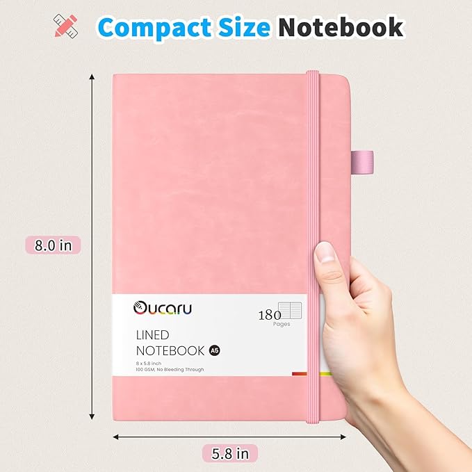 Oucaru Lined Journal Notebook, 2 Pack, 180 Pages, A5 Journals for Writing, 100 GSM Thick Paper, Small Notebooks Daily Journal for Women Men Work, Business, School, Travel Supplies