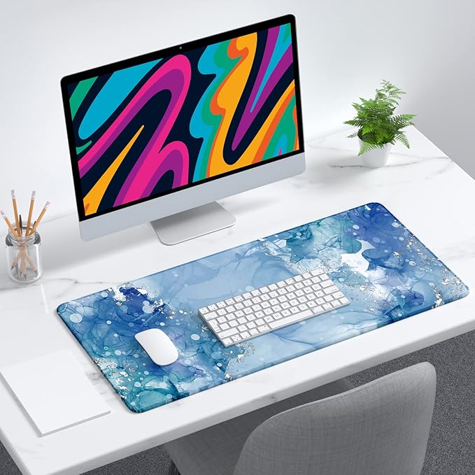 Desk Mat, 32" x 12" XXL Extended Large Gaming Mouse Pad, Desktop Decor Desk Pad, Cute Men Women Office Supplies and Accessories, XL Mouse Mat for Laptop & Keyboard, Blue Ink Painting