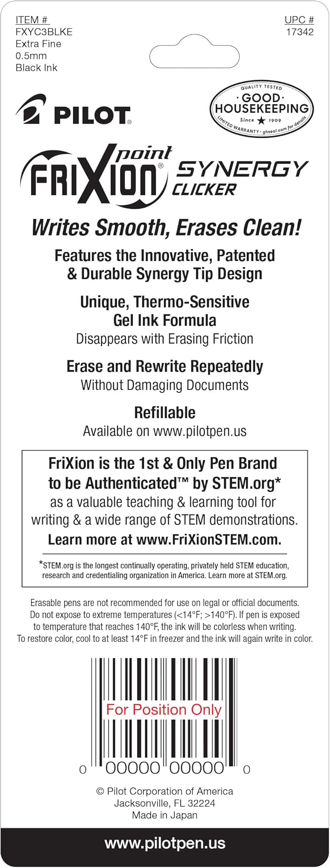 Pilot, FriXion Synergy Clicker Erasable, Refillable, Retractable Gel Ink Pens, Extra Fine Point 0.5 mm, Pack of 3, Black