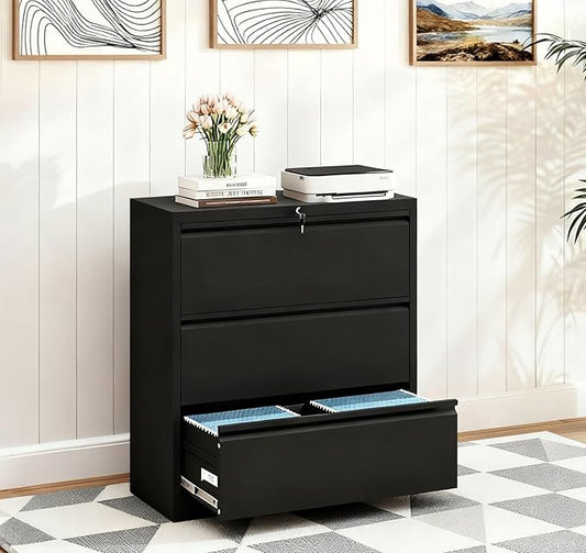 3-Drawer Lateral File Cabinet with Lock, Black Metal Filing Cabinet for Office or Home – Secure Storage for Letter/Legal/A4/F4 Documents, Easy to Assemble Locking File Organizer (Black, 3 Drawer-40"H)