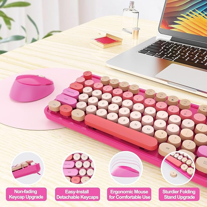 Wireless Keyboard and Mouse Combo, Ergonomic Full Size Typewriter Retro Round Keycaps Keyboard, Compatible with Windows, PC, Perfer for Home and Office Keyboards （Red）