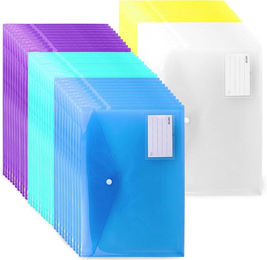 Plastic File Folders, 50 PCS Plastic Envelopes with Snap Closure, Folders for Documents, A4 Letter Size Clear Folders, File Bags, Reusable Document Pouch