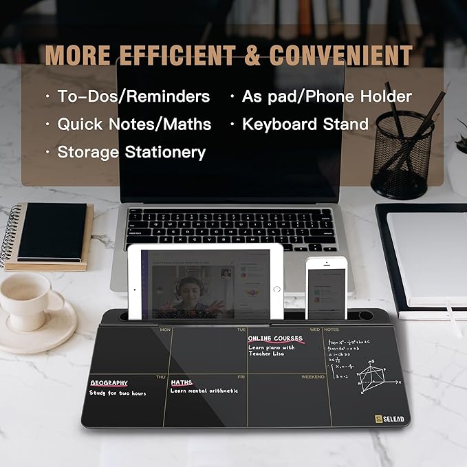 SELEAD Desktop Glass Whiteboard Weekly Planner Calendar with Organizer, Markers, Eraser, Holder - Small Dry Erase White Board TODO List Memo for Home, School, Office Desk Accessories - Black