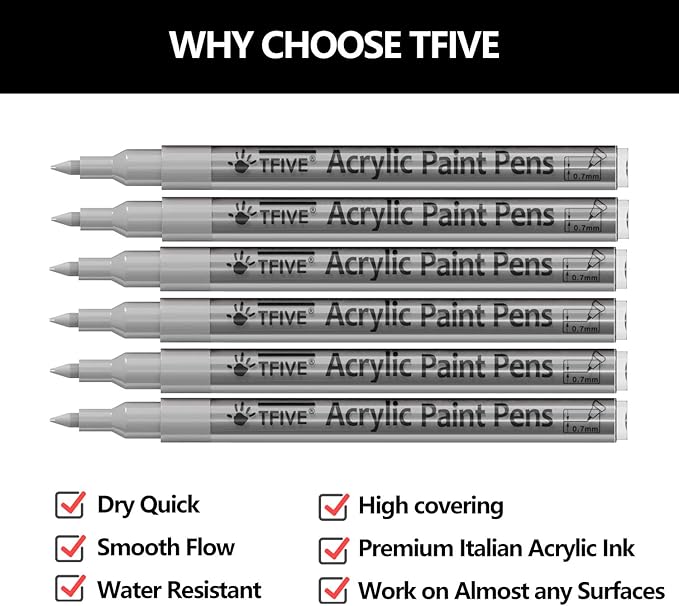 Silver Marker Paint Pens - 6 Pack Acrylic Silver Permanent Marker, 0.7mm Extra Fine Tip Paint Pen for Art project, Drawing, Rock Painting, Stone, Ceramic, Glass, Wood, Plastic, Metal, Canvas DIY Craft