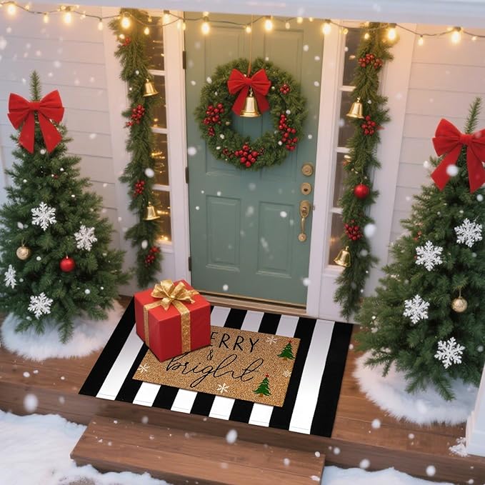 2 Pcs Christmas Door Mat Outdoor Merry Christmas Nature Coir Welcome Outdoor Rug Black White Stripe Xmas Front Porch Rugs Non Slip Floor Mats Indoor Entrance Decor