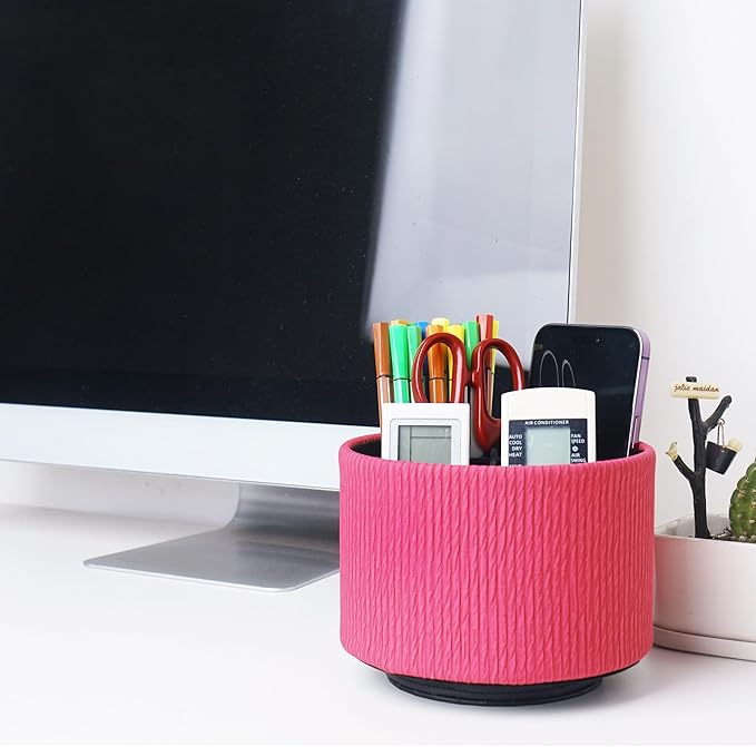 Hennaja Round Leather Art Supply Organizer,Remote Control Holder,360 Degree Spinning,Multi-Functional Pencil Holder,4 Compartments Desktop Stationary Organizer(1-Vertical Wood Red)