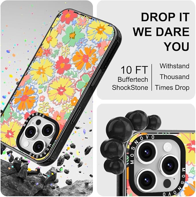 MOSNOVO Magnetic Case for iPhone 16 Pro Max, 10ft Military-Grade Protection, Compatible with Magsafe, Shockproof Phone Case for iPhone 16 Pro Max - Retro Boho Hippie Flowers - Clear Black