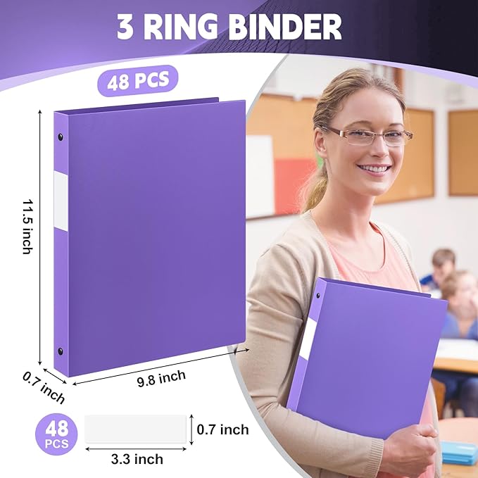 Henoyso 48 Pcs 3 Ring Binder 1/2'' Round Fits Letter Size 8. 5'' x 11'' Paper Plastic Flexible Binder Holds 100 Sheets with 1 Pockets Versatile Organizer for Office Home School (Purple)