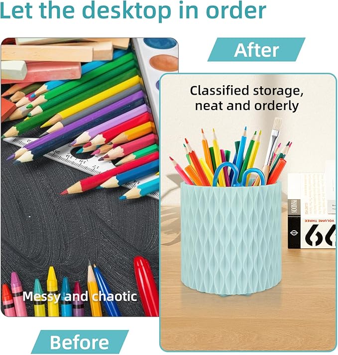 Blue Pen Holder for Desk, 360 Degree Rotating Desk Organizer with 5 Compartments, Pen Pencil Makeup Brush Holder, Cosmetics Lipsticks Pen Organizer for Home Office School