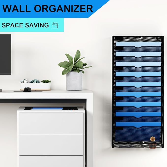 Hanging Wall File Organizer 10 Tier Wall Mounted File Holder Document Wall Organizer Magazine Organization for Office Home, Black