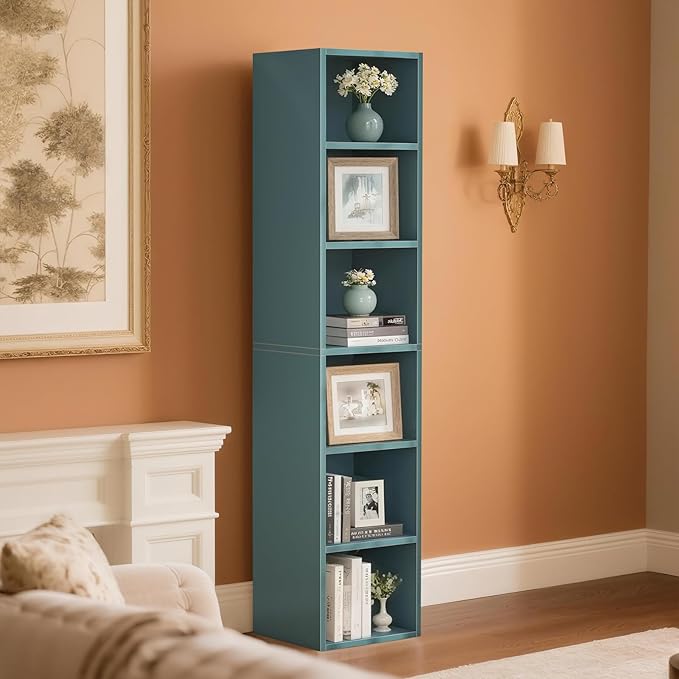 70.9" Wooden Bookshelf, 6-Tier Bookshelf with Open Storage, Corner Bookcase, Display Shelf for Bedroom and Living Room Offices, Blue
