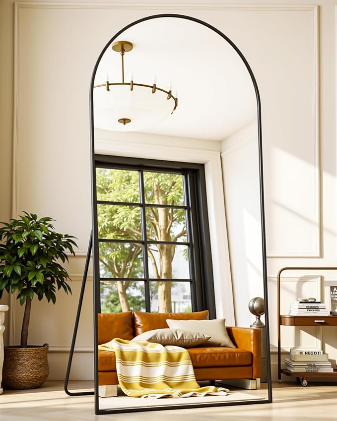 Full-Length Floor Mirror with Stand, 71"x32" Arched Style Full Body Standing Mirror for Bedroom, Living Room, Gym, Dorm - Shatter-Resistant & Easy Assembly, Black