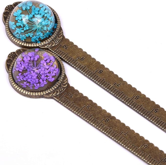 Wisdompro 2 Pcs Metal Bookmark, Retro Vintage Bronze Book Mark Ruler with Dried Flower, Packaged in a Gift Box - an Ideal Gift for Kids, Students, Teachers, Book Lovers - Blue & Purple