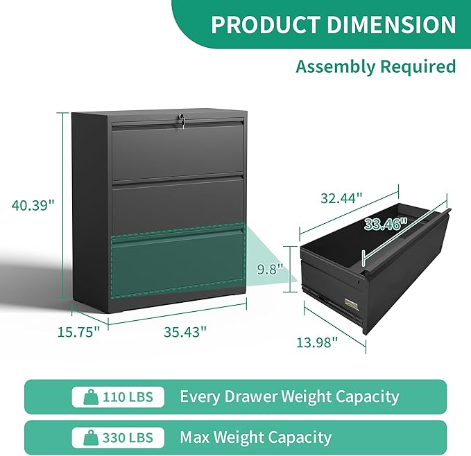 3 Drawer Lateral File Cabinets with Lock,Metal Lateral Filing Cabinet for Home Office,Wide Steel Storage Cabinet Commercial Drawer Cabinets for Legal/Letter/A4 Size Files Assembly Required