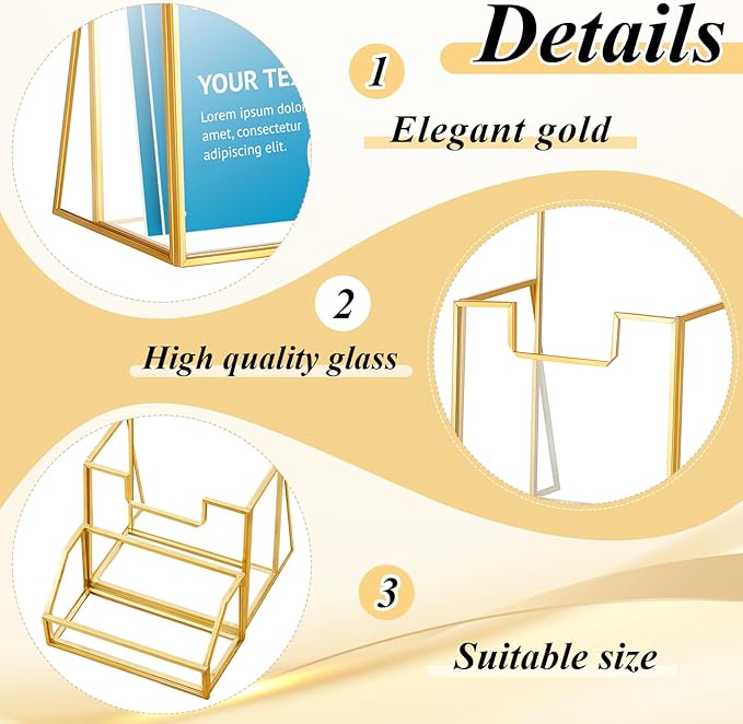 4 Pcs Glass Display Stand Set 2 Gold Glass Brochure Holder Stand 2 Gold Business Card Holder for Office Desktop Countertop Name Card Magazine Literature Journal (4 x 8 '')