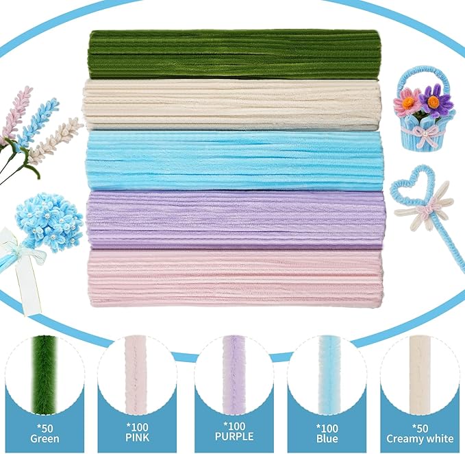 400 Pcs Craft Pipe Cleaners Flowers,5 Assorted Colors Chenille Stems Bulk with Floral Wires, Gardening Tape,Greeting Card,Bouquet Paper,Hot Glue Stick,Pearl & Ribbon,Ideals for Various Types Decor