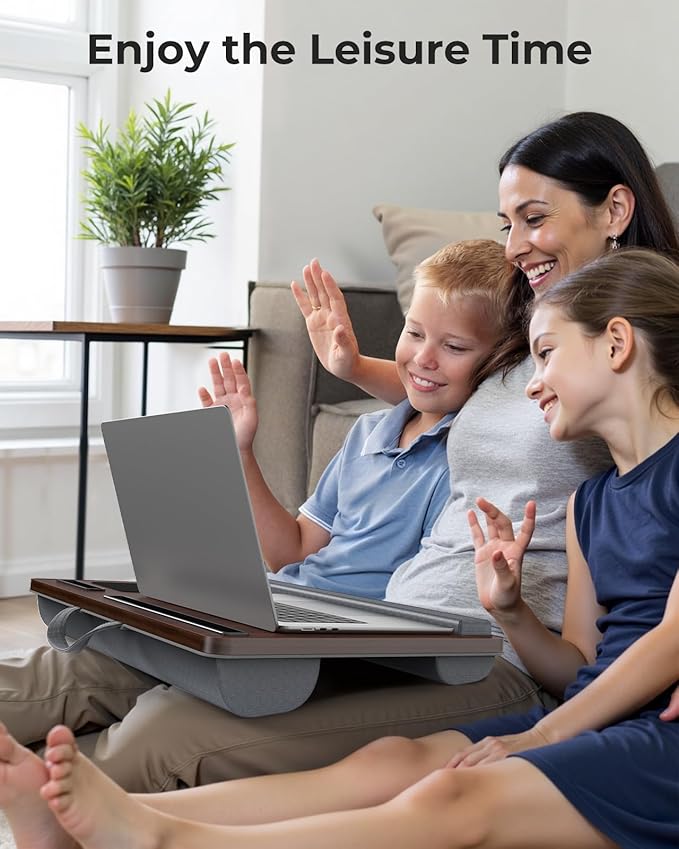 Lap Desk - Up to 17” Laptop Tray with Wrist Rest, Portable Handle, Fixed Mouse Pad, Tablet & Phone Slots, Laptop Lap Desk with Cushion (Dark Brown)