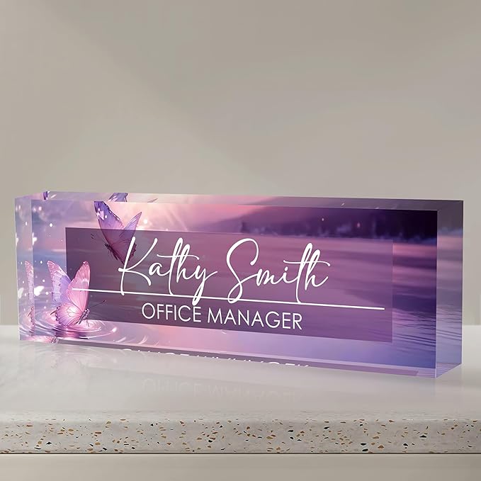 Personalized Name Plate for Desk, Custom Desk Name Plate, Acrylic Name Plate Office Desk Accessories, Personalized Office Gifts for Coworkers Teachers, Employee Appreciation Gifts (Pink Butterfly)