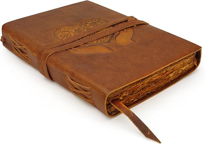 LUXEORIA Heart Journal for Women and Men, Handcrafted Leather Journal for Writing Womens, Leather Sketchbook, Travel Diary with Unlined Deckle Paper, Tan 7x10