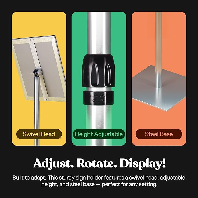 Adjustable Heavy Duty Pedestal Sign Holder Poster Stand - 8.5x11 Inch Vertical & Horizontal Sign Stand Displayed Poster Holder, Square Base Sign Stands for Display, Advertisement & Outdoor Sign Holder