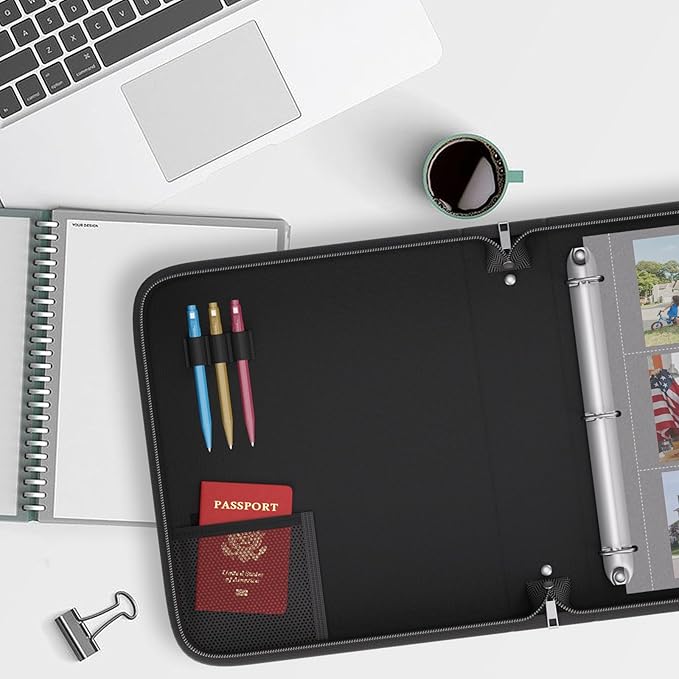 Fireproof 3 Ring Binder with Zipper, 2.5 Inch D Rings Hold up 650 Sheets of 8.5" x 11" (A4), Compatible with Clear Page Protectors, Built-in net and Pen Holder (1 Pcs, Black, 2.5")