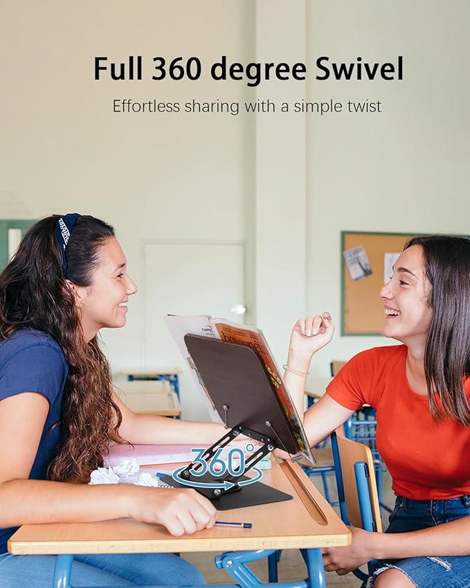 Honagu Book Stand for Reading, Adjustable Book Holder with 360 Degree Rotating Base & Page Clips, Hands Free Foldable Desktop Cookbook Stand for Sheet Music, Laptop, Recipe, Textbook (Brown Wood)