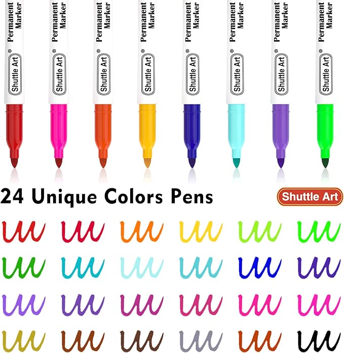 Shuttle Art Permanent Markers, 24 Colors Fine Point Assorted Colors Permanent Marker Set, Works on Plastic,Wood,Stone,Metal and Glass for Doodling, Coloring, Marking