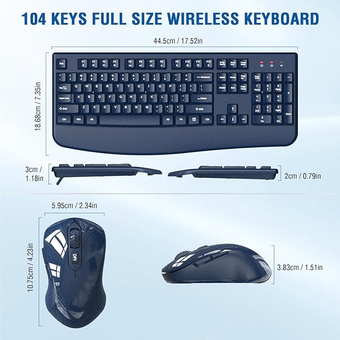 Wireless Keyboard and Mouse Combo, EDJO 2.4G Full-Sized Ergonomic Computer Keyboard with Wrist Rest and 3 Level DPI Adjustable Wireless Mouse for Windows, Mac OS Desktop/Laptop/PC(Galaxy Blue)
